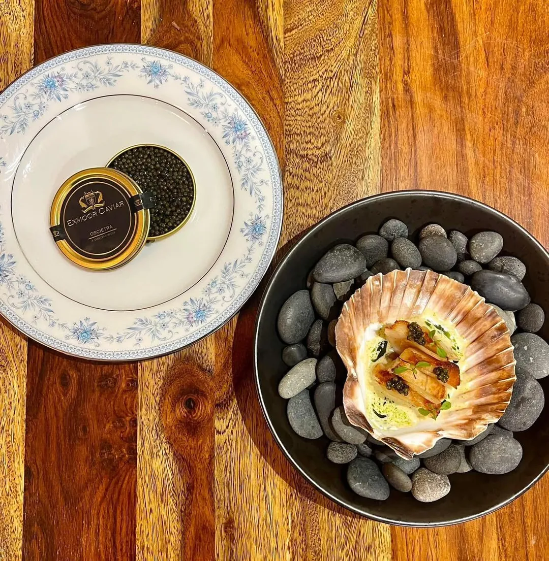 Caviar and a baked scallop served on stones