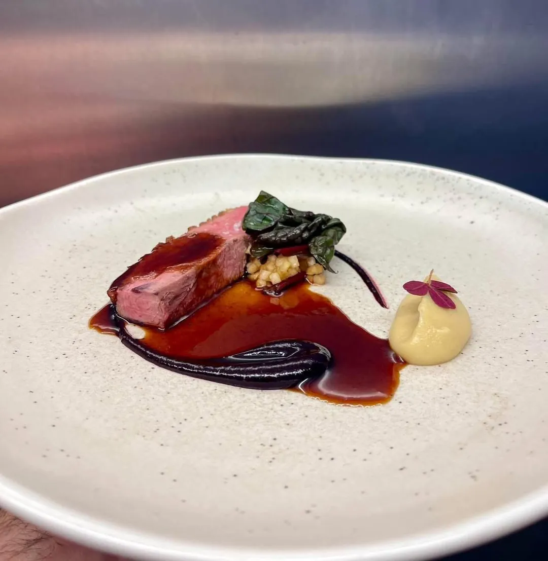 Pink sliced meat with a glossy jus and a smooth purée